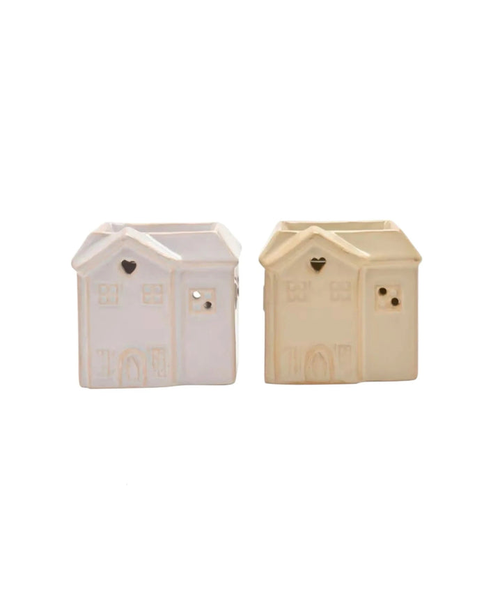 Small ceramic house wax burner by Widdop & Co with a cozy, detailed house design for melting scented wax melts.