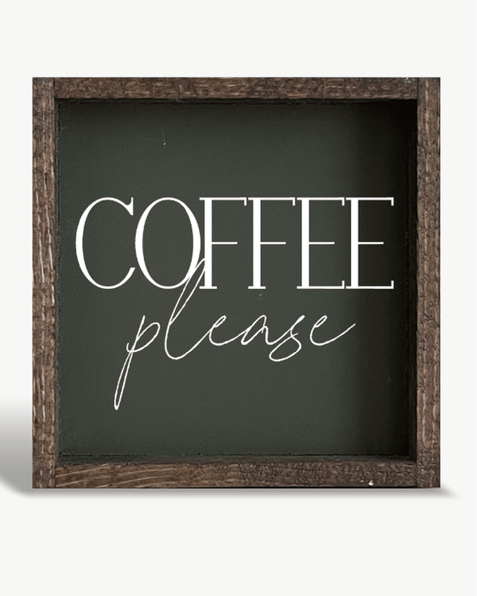 Framed chalkboard with 'Coffee please' text on a white background