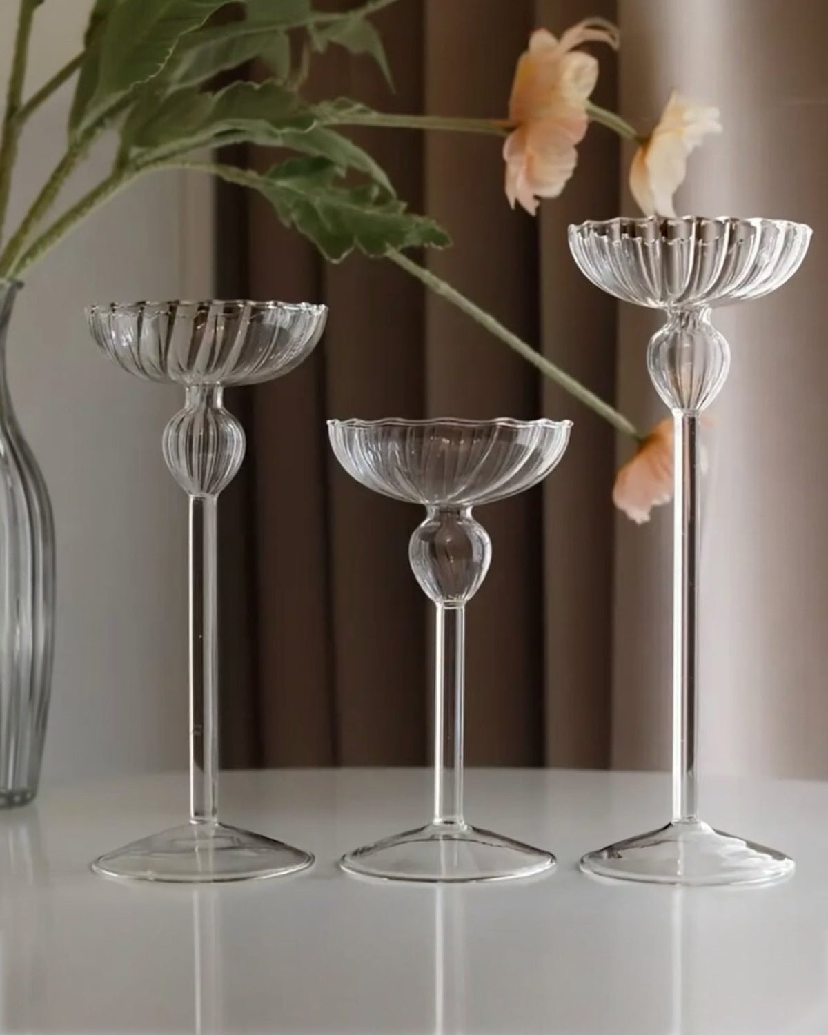 Stemmed Glass Fluted Candle Holders - Set of Three