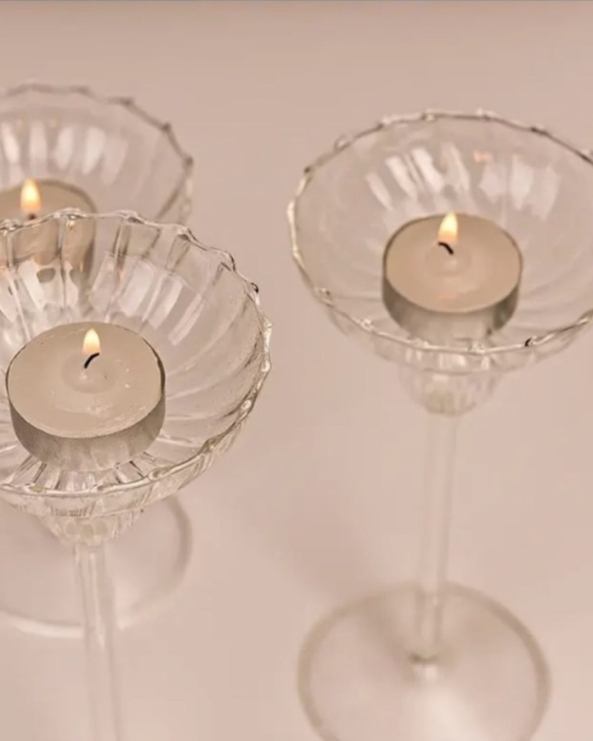 Stemmed Glass Fluted Candle Holders - Set of Three