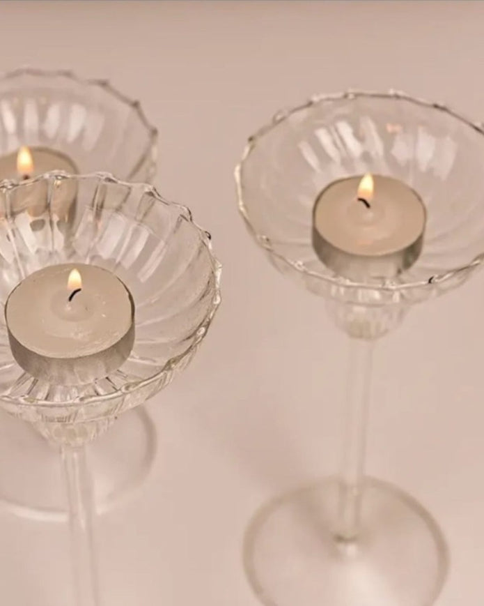Stemmed Glass Fluted Candle Holders - Set of Three