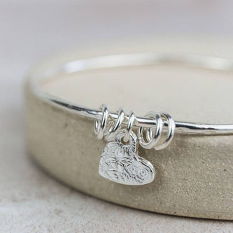 Sterling Silver Textured Heart Charm Bangle