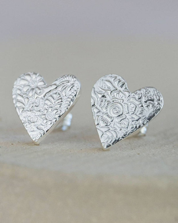 Sterling Silver Textured Heart Stud Earrings