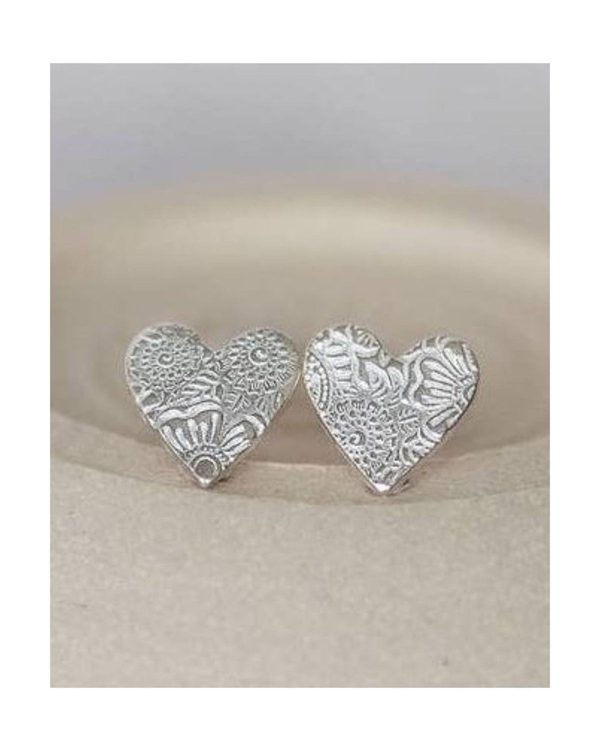 Sterling Silver Textured Heart Stud Earrings