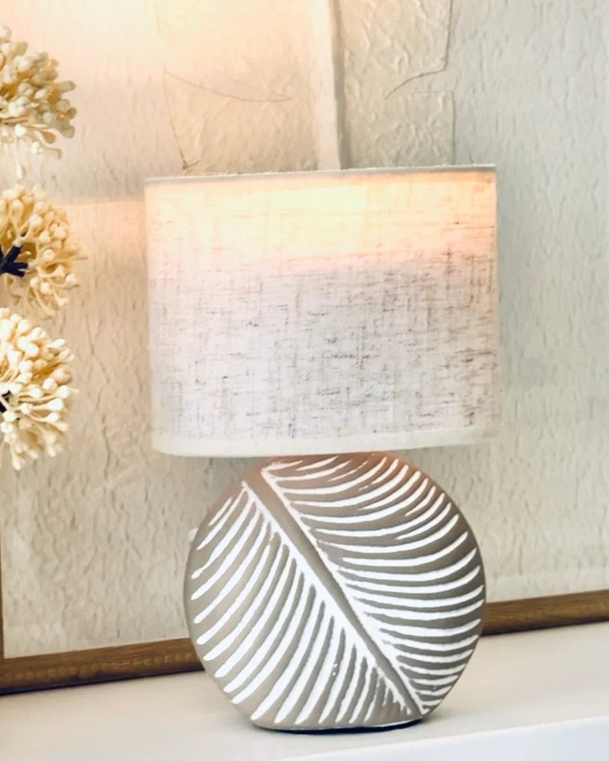 Stone Leaf Table Lamp with Beige Linen Shade - LightingLighting - Lulu Loves Home