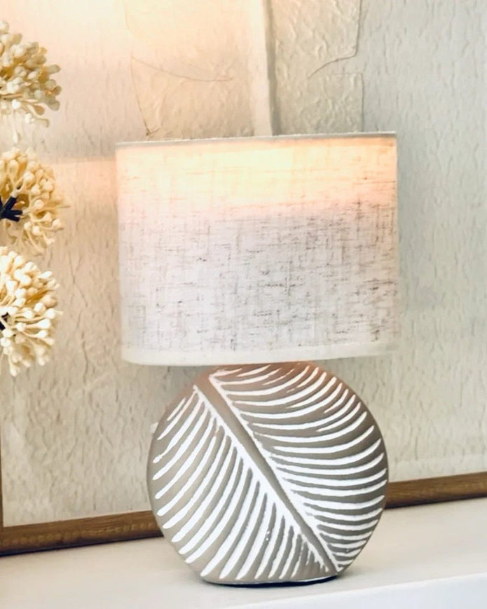 Stone Leaf Table Lamp with Beige Linen Shade - LightingLighting - Lulu Loves Home