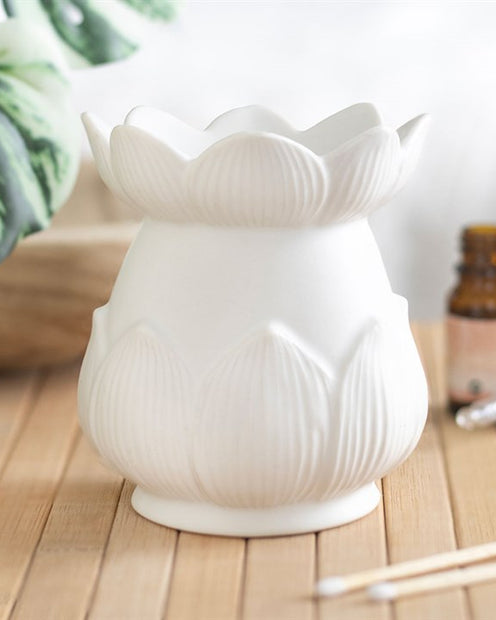 Lotus Flower Wax Melt Oil Burner, white lotus-shaped burner with a petal bowl on wood