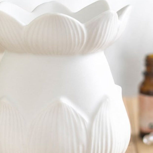 Lotus Flower Wax Melt Oil Burner, close-up of the white lotus petals and curved body