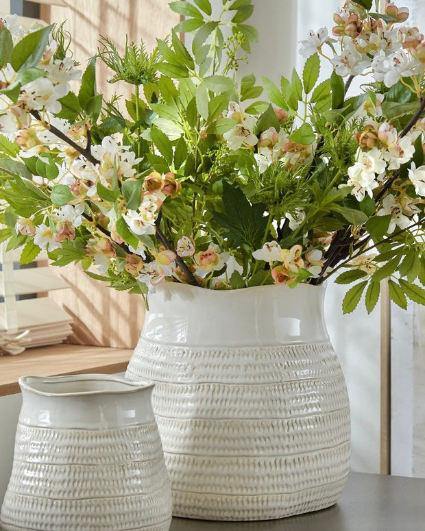 Tava White Ceramic Wide Neck Textured Vase