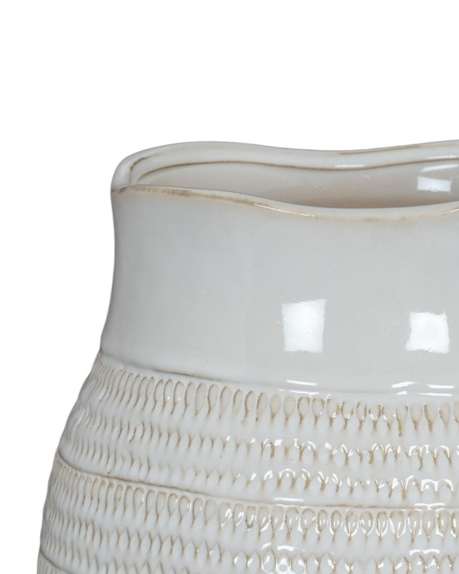 Tava White Ceramic Wide Neck Textured Vase