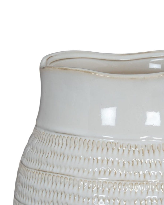 Tava White Ceramic Wide Neck Textured Vase