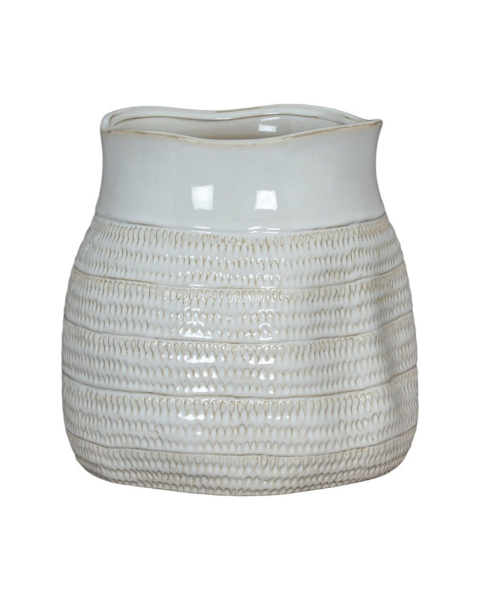 Tava White Ceramic Wide Neck Textured Vase