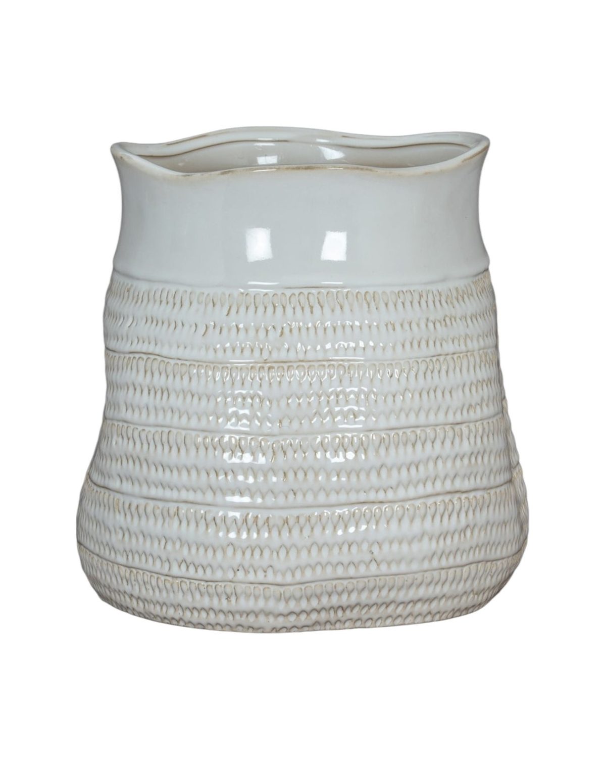 Tava White Ceramic Wide Neck Textured Vase