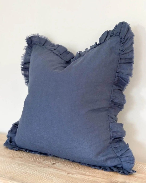 Hallie Navy Blue Luxury Linen Ruffled Edge Cushion Cover