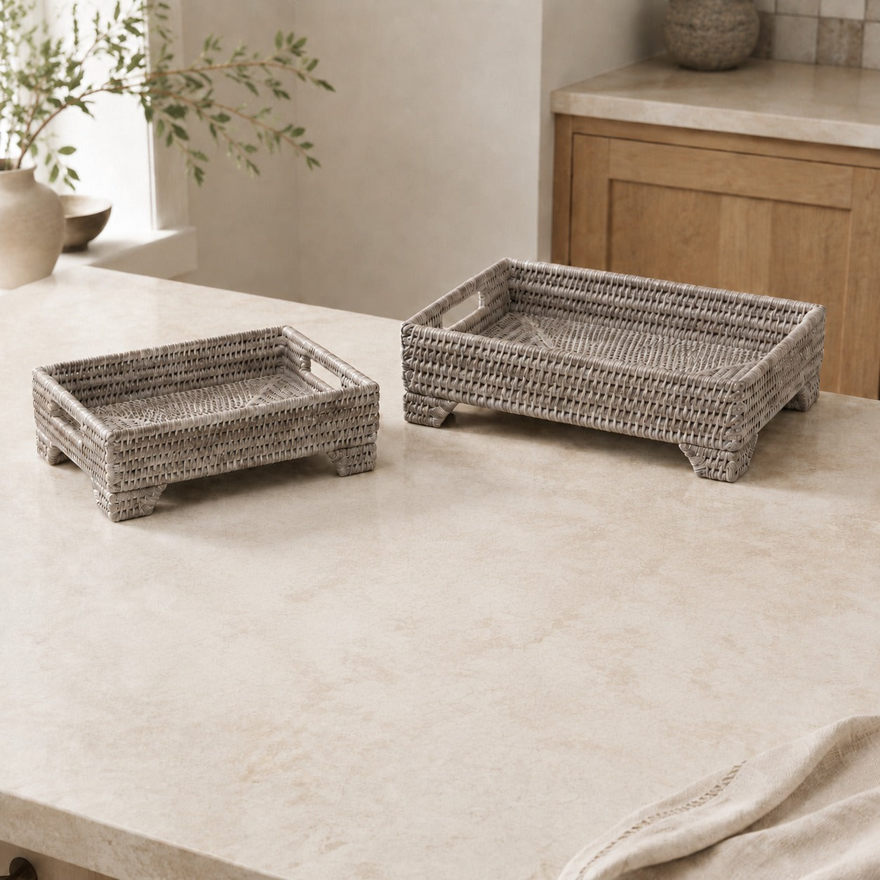 Rattan Rectangle Footed Tray With Handles