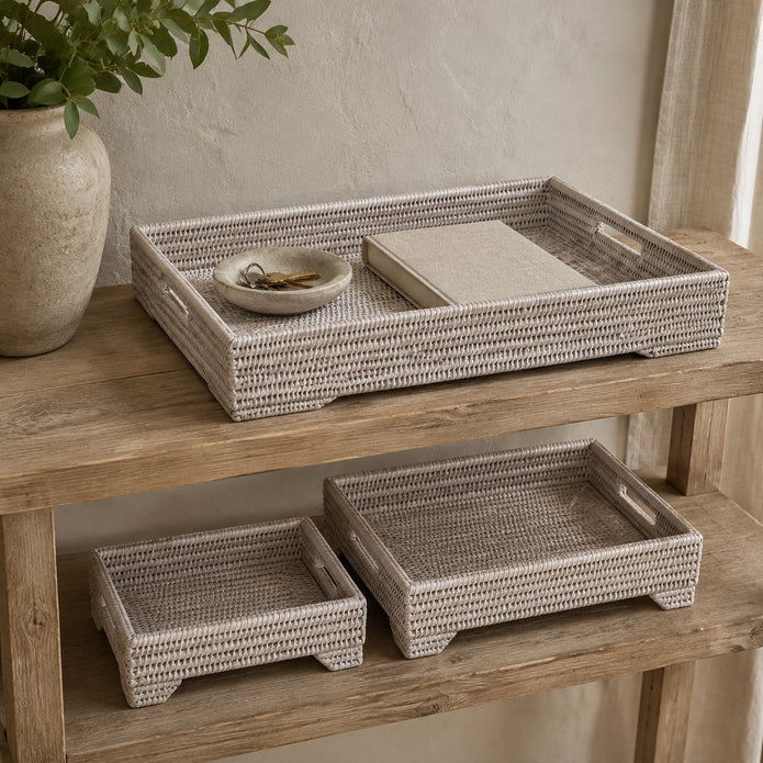 Rattan Rectangle Footed Tray With Handles