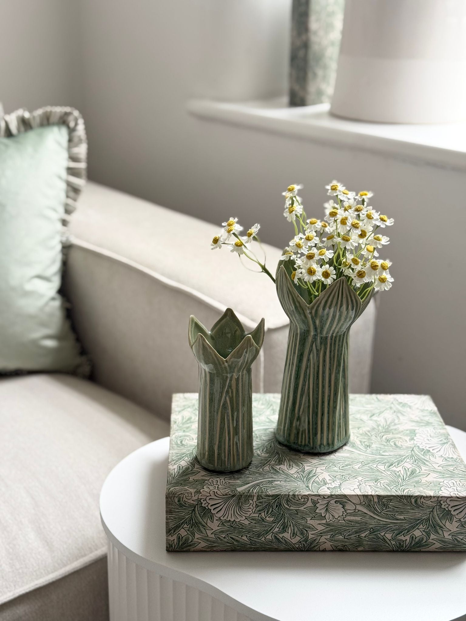 Green Tulip Slim Ceramic Vases - Set of Two