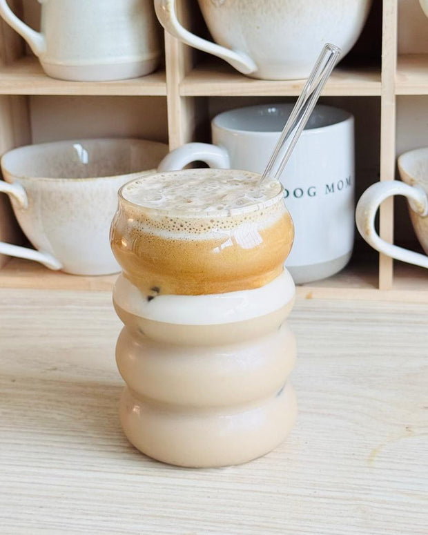 Starlight Express bubble glass coffee mug with straw, clear iced coffee cup for kitchen and dining use, featuring a bubble design.