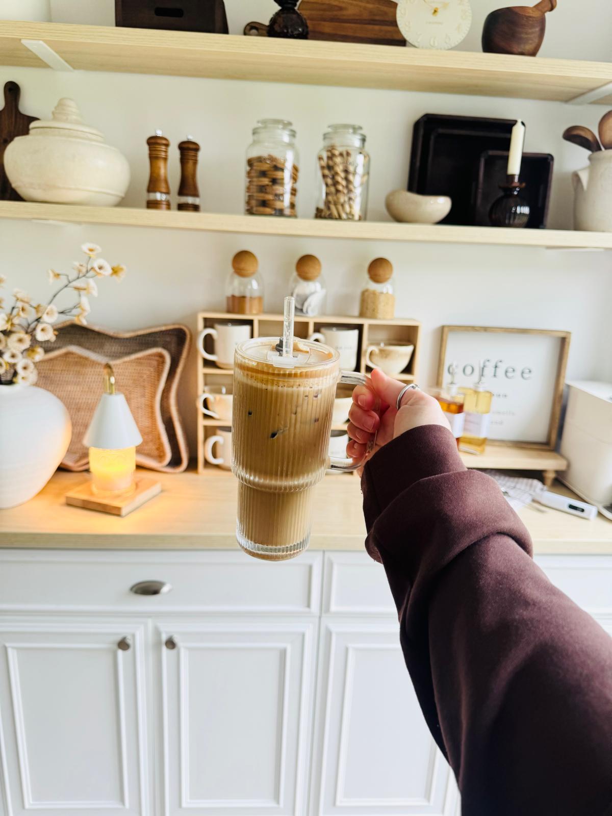Starlight Express glass ribbed iced coffee travel cup with a Stanley style design, ideal for outdoor and on-the-go drinking.