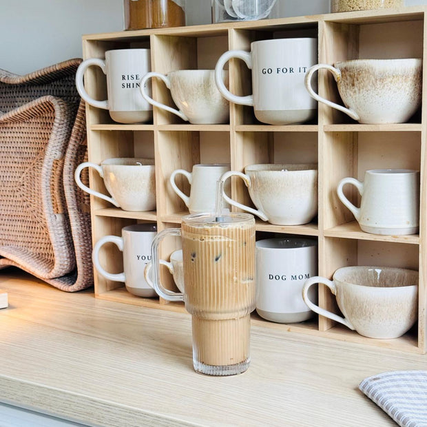 Glass ribbed Stanley-style iced coffee travel cup by Starlight Express with a sleek, transparent design for kitchen and dining use.