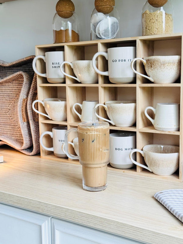 Glass ribbed Stanley-style iced coffee travel cup by Starlight Express with a sleek, transparent design for kitchen and dining use.
