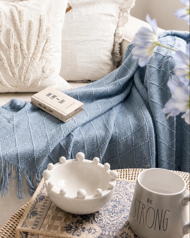 Ocean Blue Diamond Pattern Knitted Throw
