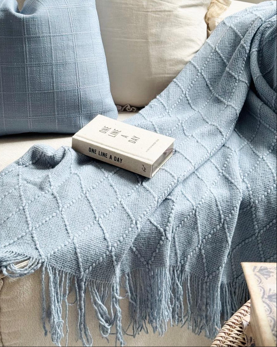 Ocean Blue Diamond Pattern Knitted Throw
