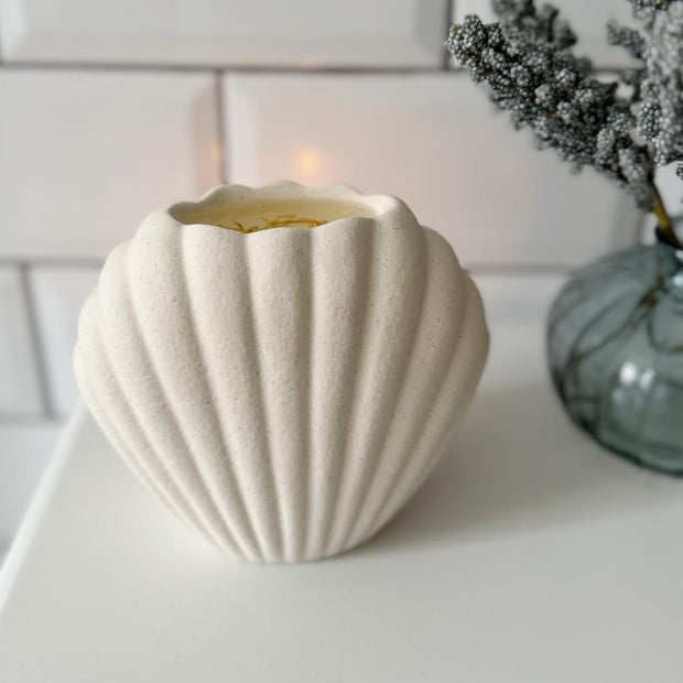 Sea Shell Matte Ceramic Oil Burner and Wax Warmer, cream shell-shaped burner showing its open top