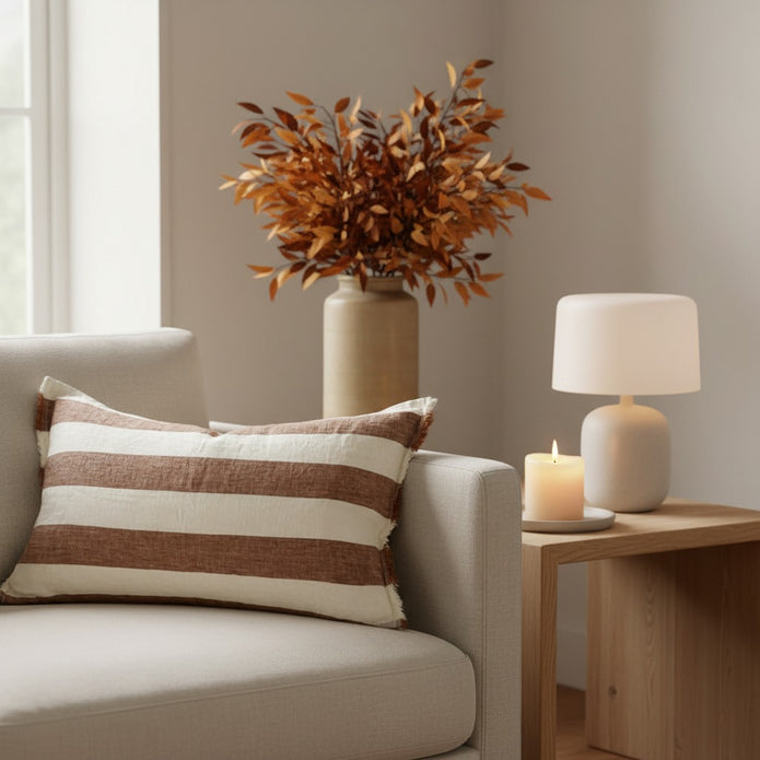 Esmee Rust Brown Wide Stripe Rectangle Linen Blend Cushion Cover