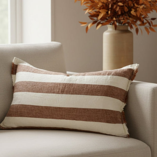 Esmee Rust Brown Wide Stripe Rectangle Linen Blend Cushion Cover