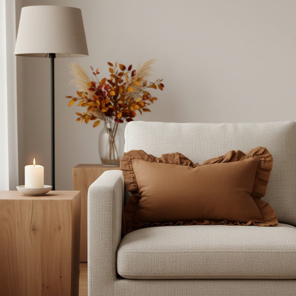 Hallie Rust Brown Frilled Rectangle Linen Blend Cushion Cover