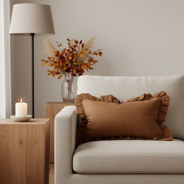 Hallie Rust Brown Frilled Rectangle Linen Blend Cushion Cover