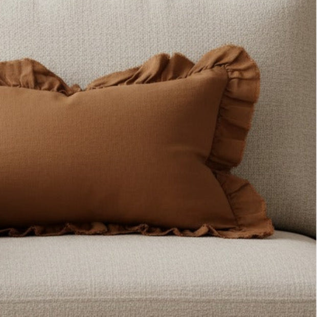 Hallie Rust Brown Frilled Rectangle Linen Blend Cushion Cover