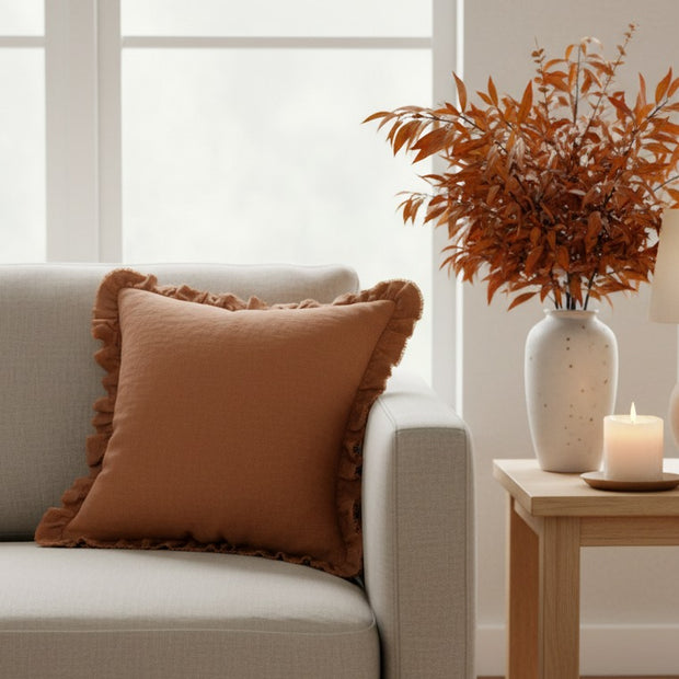Hallie Rust Brown Square Ruffle Linen Blend Cushion Cover
