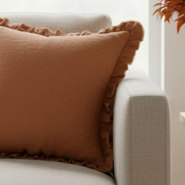 Hallie Rust Brown Square Ruffle Linen Blend Cushion Cover