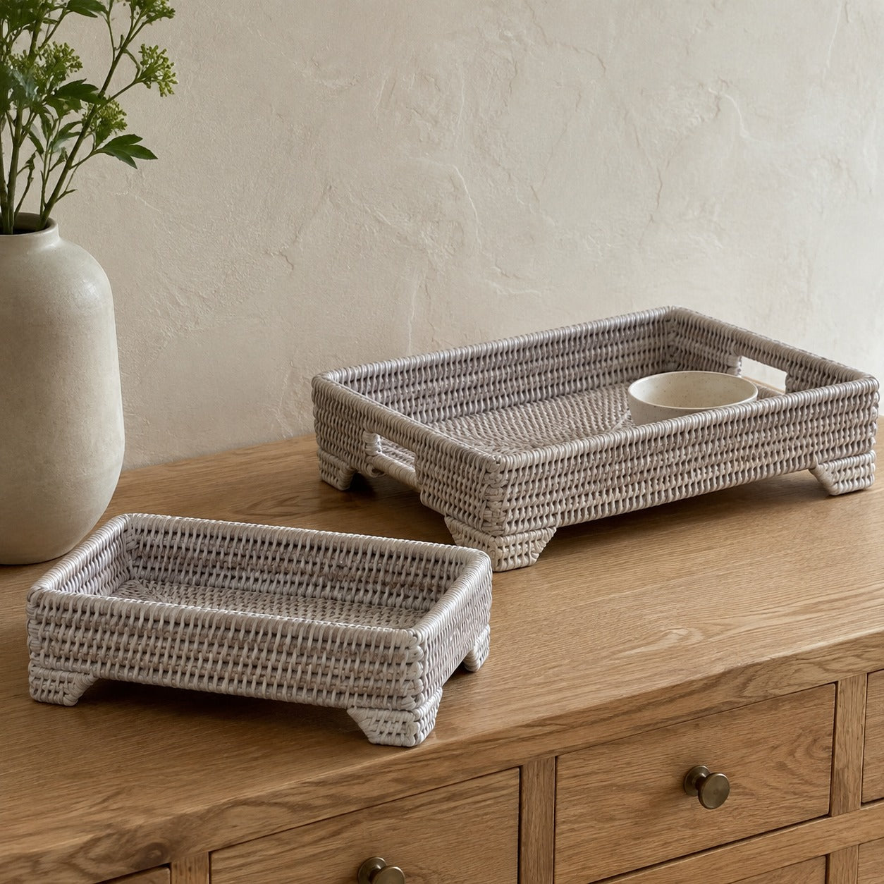 Rattan Rectangle Footed Tray With Handles
