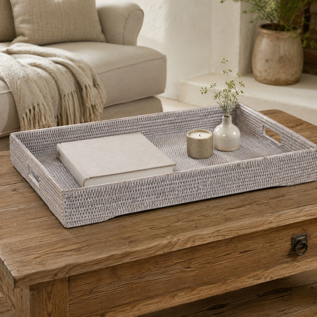 Extra Large Rattan Rectangle Footed Tray With Handles
