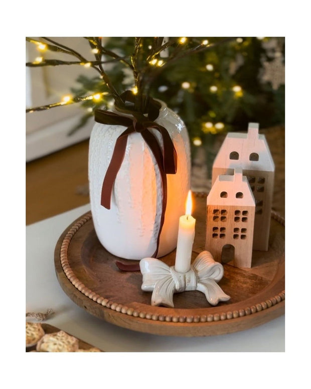 White Bow Ceramic Dinner Candle Holder