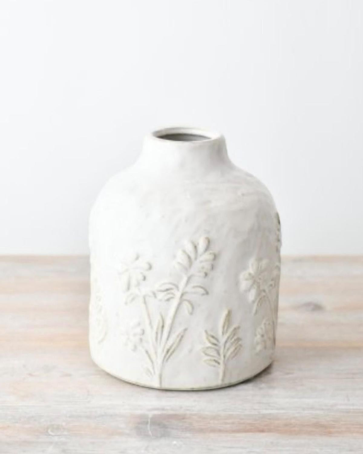 White Ceramic Pippa Embossed Floral Vase