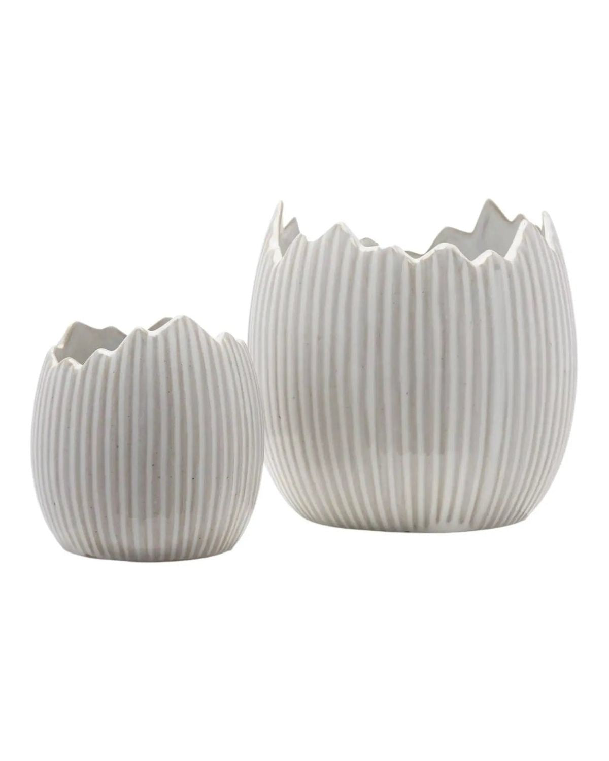 White Ceramic Ribbed Egg Plant Pots - Set Of Two - Lulu Loves Home Lulu Loves Home 