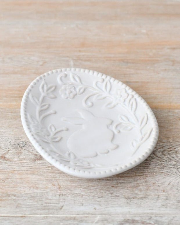 White Embossed Egg Shaped Bunny & Flower Dish