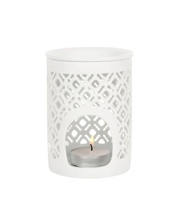 White Matte Lattice Cut Oil Burner and Wax Warmer