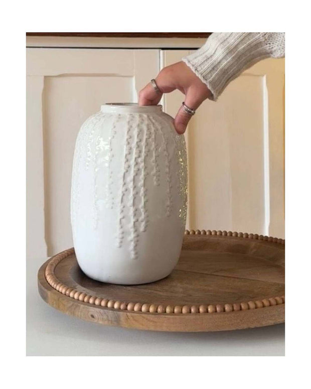 White Trailing Leaf Print Ceramic Vase