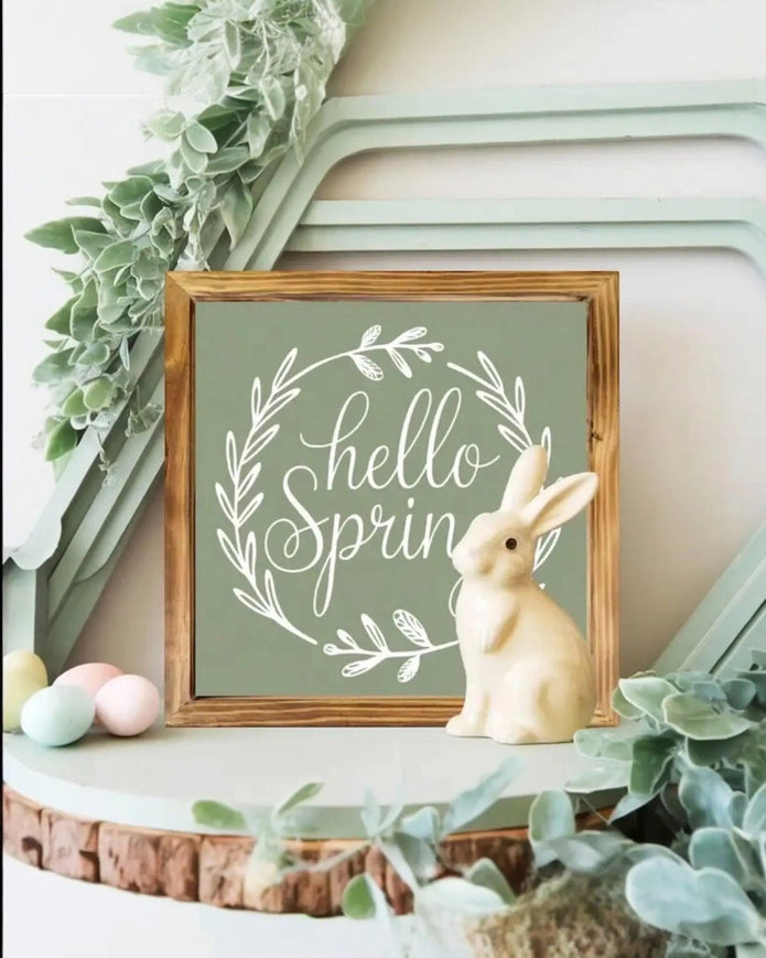 Wooden Sage Green And White Hello Spring Sign - Lulu Loves Home Lulu Loves Home 