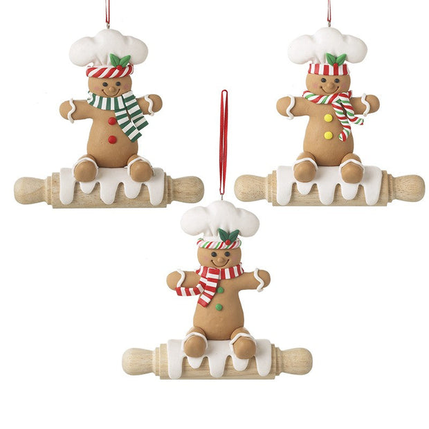 Gingerbread Men On Rolling Pin Hanging Decorations