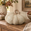 Neutral resin Hessian effect pumpkin for autumn decor by Heaven Sends, featuring a textured hessian surface and pumpkin shape.