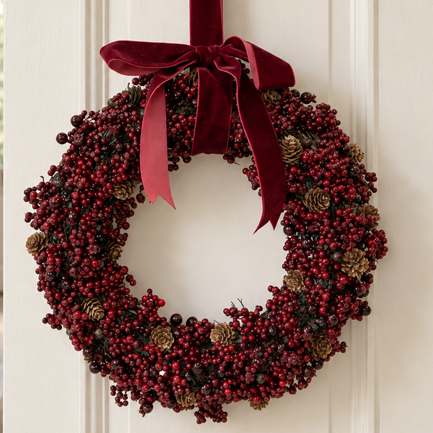 Large luxury Christmas wreath with burgundy berries, mini pinecones, and velvet ribbon bow by Satchville