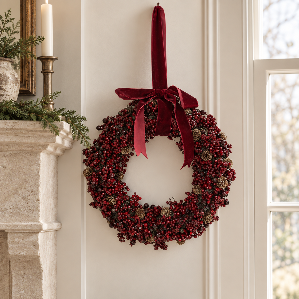 Luxury Wreath Burgundy Berry With Mini Pinecone And Velvet Ribbon Bow – styled British country home view
