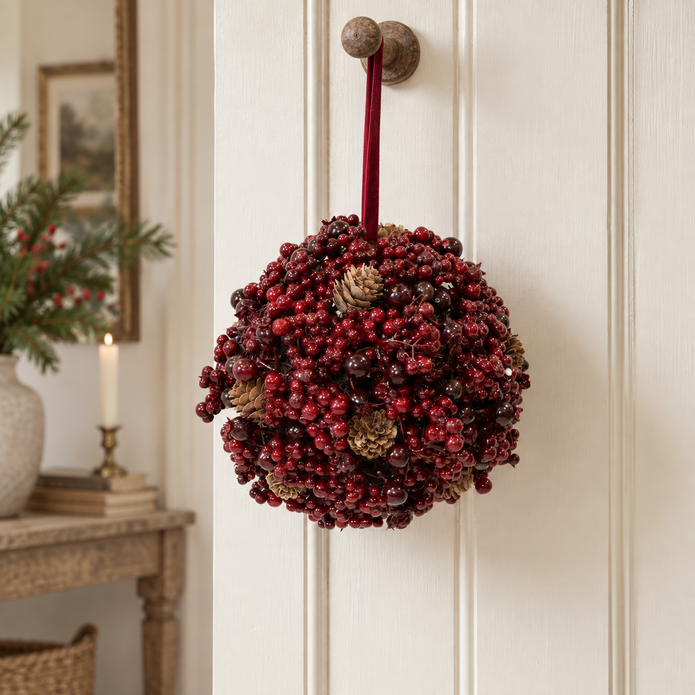 Luxury Hanging Ball Burgundy Berry With Mini Pinecone – styled British country home view