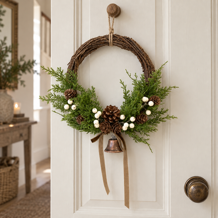 Twig Wreath With White Berry, Pinecones With Bells And Bow – styled British country home view